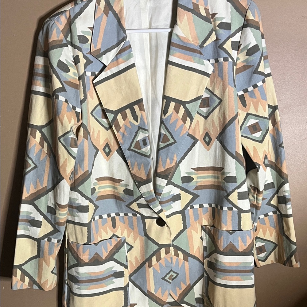 😄Vintage cotton blazer abstract Aztec hip pockets